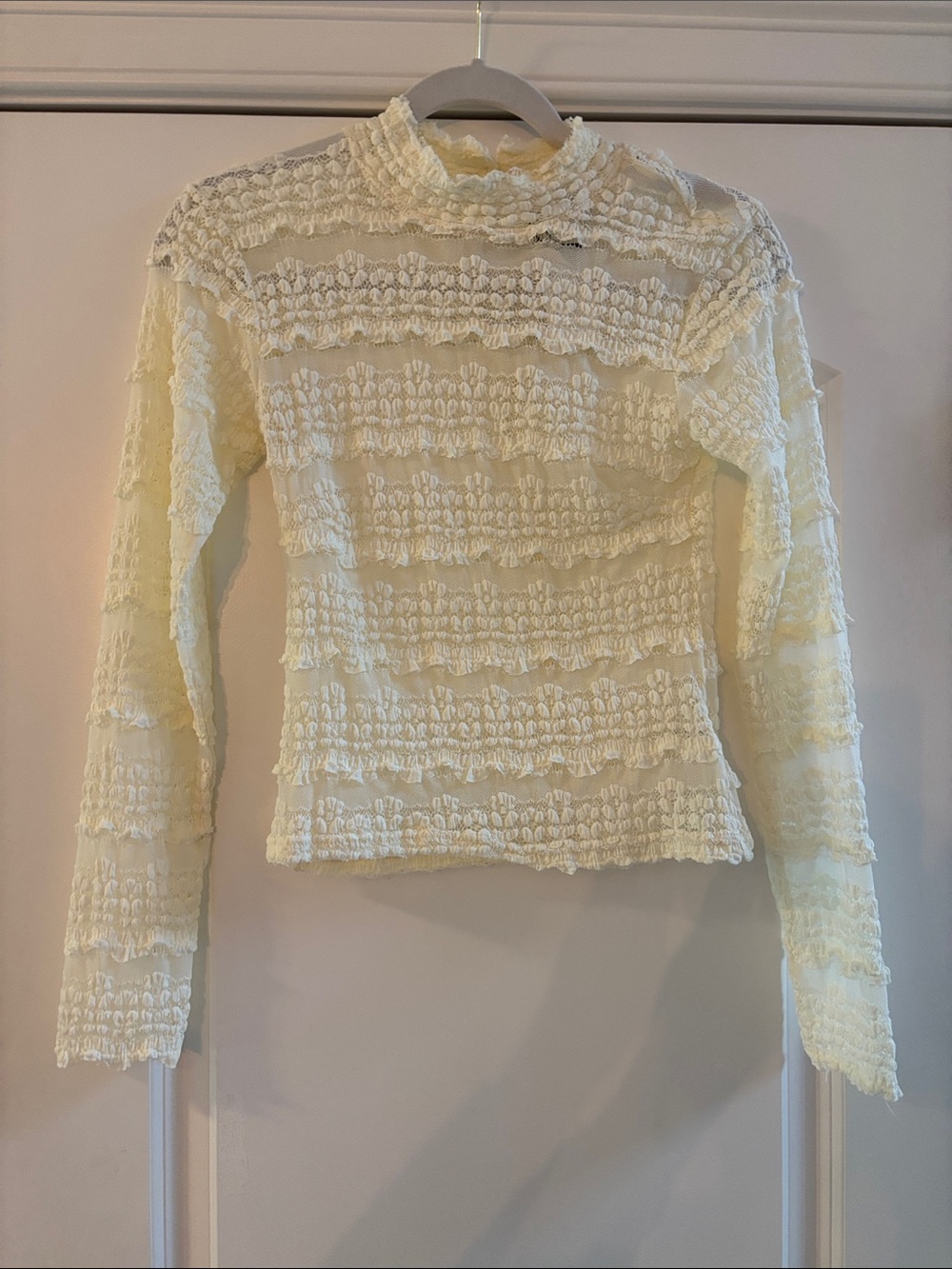 Textured Cream Ruffle Long-Sleeve Top